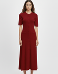 Burgundy button front knit midi dress with short sleeves and fitted silhouette