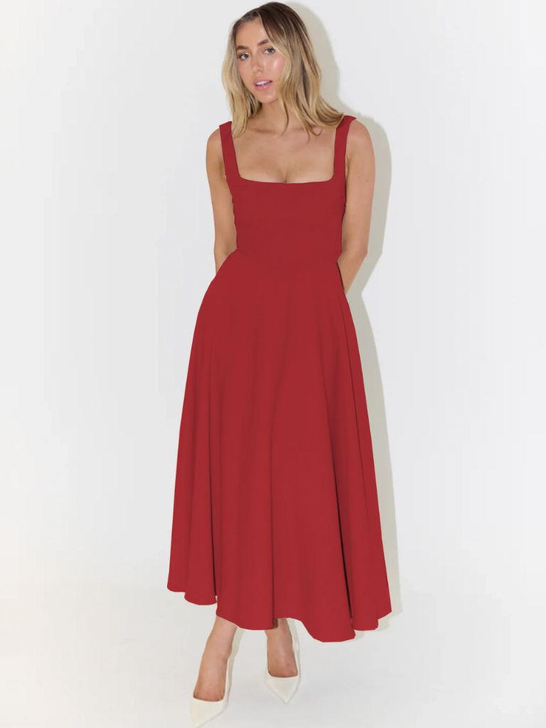 Elegantes Midi-Damenkleid mit Breiten Trägern und Quadrat-Ausschnitt – Festliches Kleid für Hochzeitsgäste und besondere Anlässe 10
