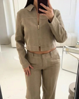 Modisches Damen Set mit Verkürzter Jacke und Geraden Hosen – Bequem, Vielseitig, Pflegeleicht, Größen S-XXL, Schwarz, Beige, Pastell 1