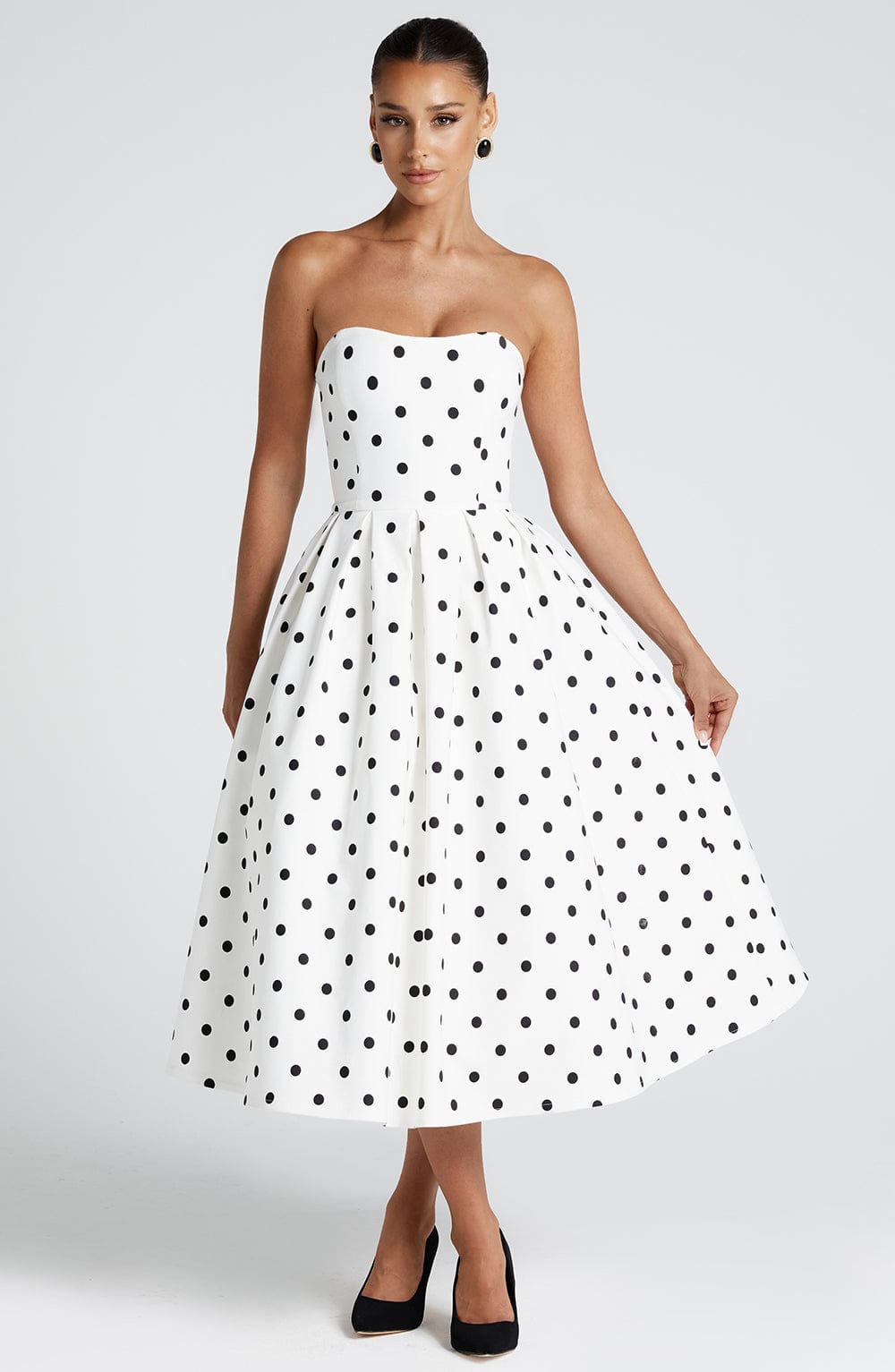 Schwarzes Strapless Midi-Kleid mit Polka-Dots – Figurbetontes Festliches Kleid für Hochzeitsgäste 6