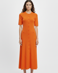 Oranges Strick Midikleid mit Knopfleiste und figurbetonter Passform
