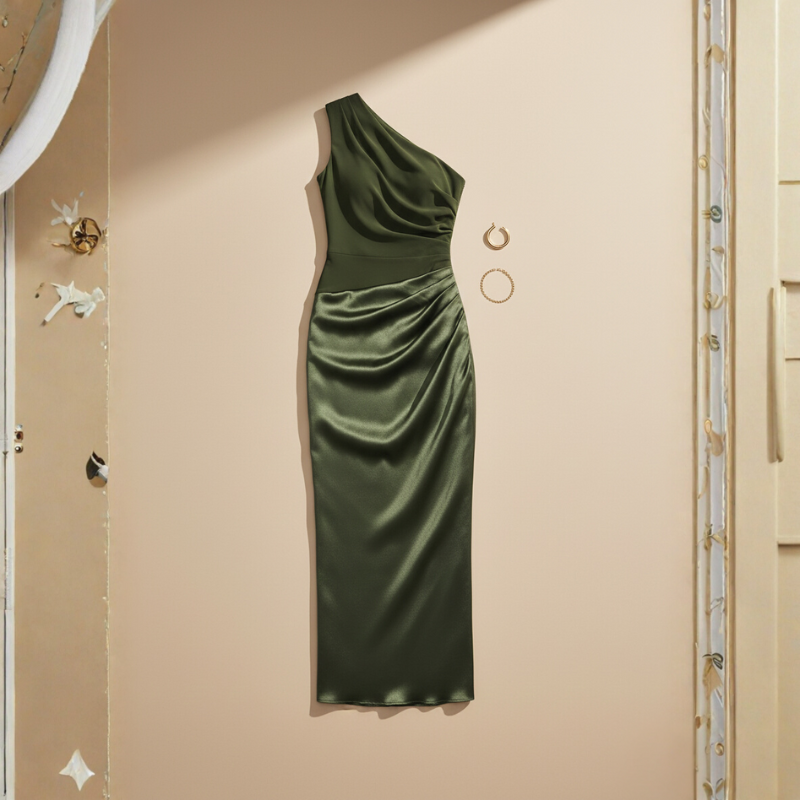 Olivgrünes One-Shoulder-Abendkleid mit Drapierung auf einem Kleiderbügel vor hellem Hintergrund präsentiert.