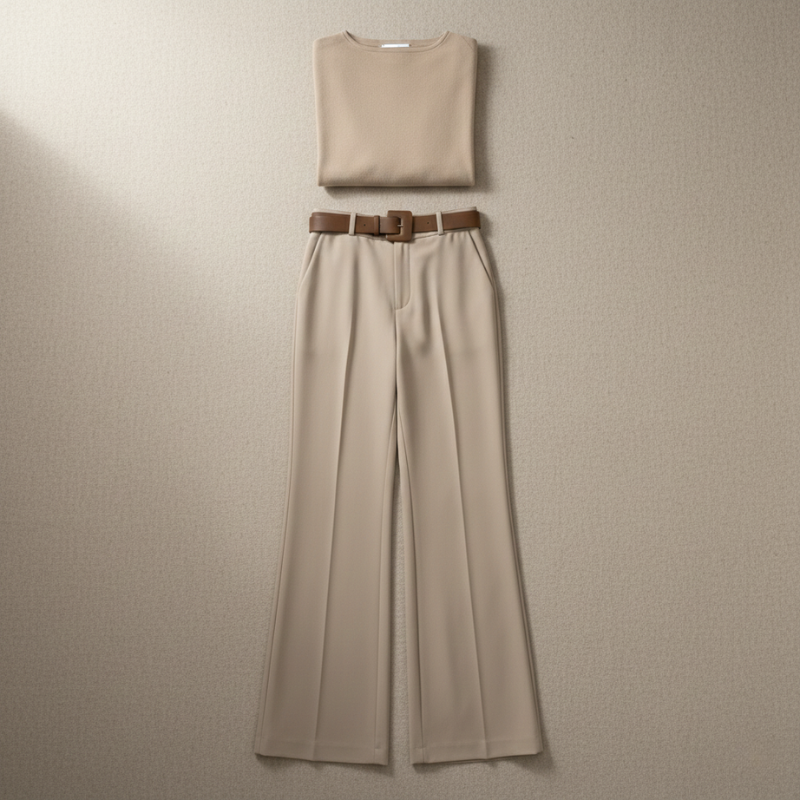 Flatlay of a beige knit sweater and matching wide-leg pants displayed in soft neutral lighting.