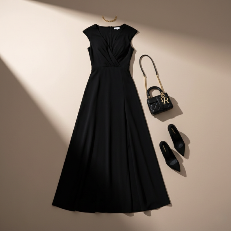 Flatlay of a black slit maxi dress paired with heels and a clutch displayed on a soft neutral surface.