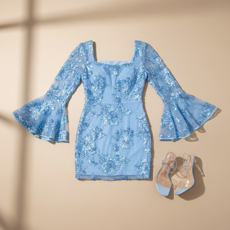 Blaues florales Minikleid mit langen Ärmeln flach ausgelegt auf hellem Hintergrund.