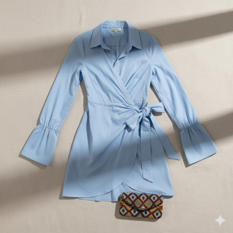 Flatlay of a blue wrap-style mini shirt dress showing front tie, long sleeves, and button-down collar.