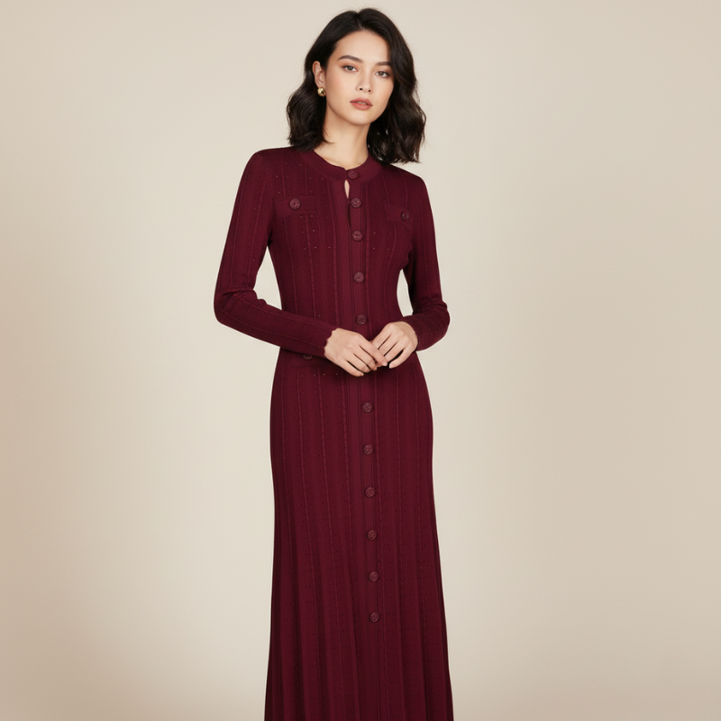 Model zeigt ein bordeauxfarbenes langes Strickkleid mit fließender Form und klassischen Details in heller Umgebung.