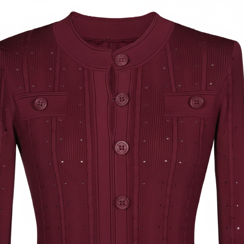 Nahaufnahme des bordeauxfarbenen Strickkleids mit sichtbarer Rippenstruktur und dekorativen Knöpfen.