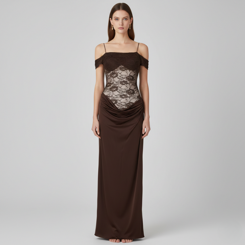 Braunes, trägerloses Maxikleid mit Spitzenbesatz am Oberteil und eleganter, bodenlanger Passform