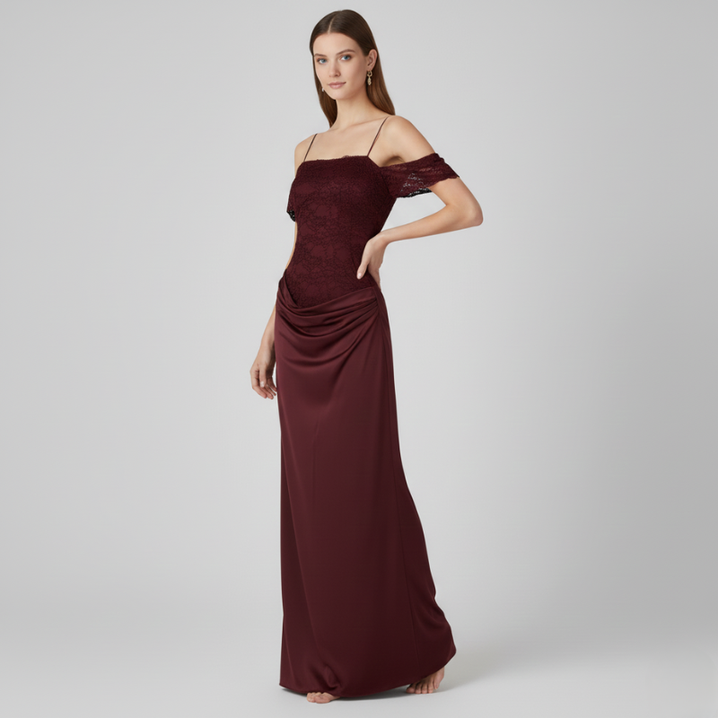 Burgunderrotes, schulterfreies Maxikleid mit Spitzenfront und raffiniertem Abendstil
