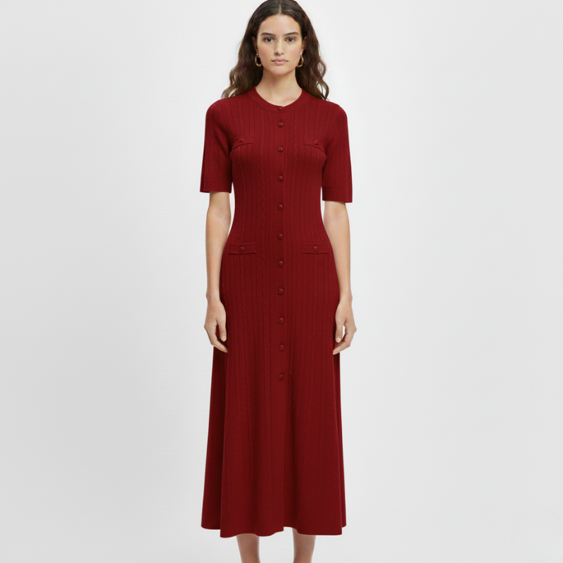 Burgundy button front knit midi dress with short sleeves and fitted silhouette