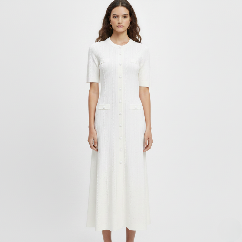 White knit midi dress with button detailing and elegant cut