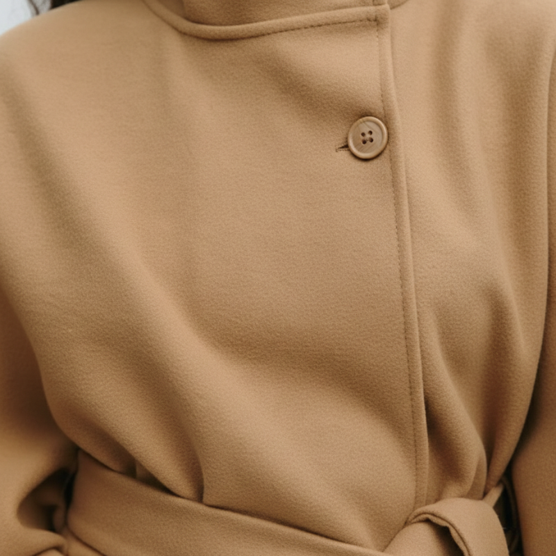 Nahaufnahme eines beigen Cape-Oberteils mit glatter Stoffstruktur, Knopfdetail und sauberer Verarbeitung.