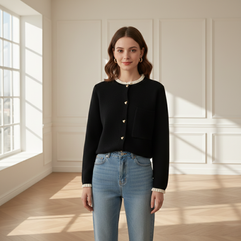 Nahaufnahme des schwarzen Cardigans mit strukturierter Strickoberfläche, weißem Randbesatz und rundem Goldknopf.