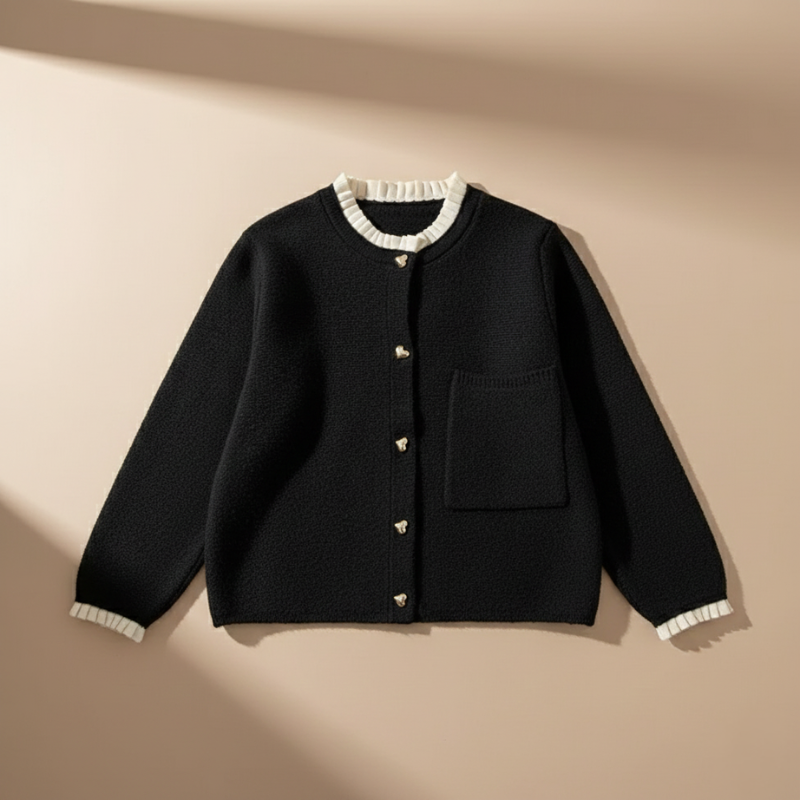 Schwarzer Cardigan mit weißem Besatz und goldenen Knöpfen, flach ausgelegt auf hellem Untergrund präsentiert.