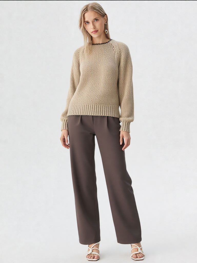 Chunky Strickpullover Damen mit Offenem Rückendetail – Beiger Grobstrick für Herbst und Winter, Entspannte Passform 0