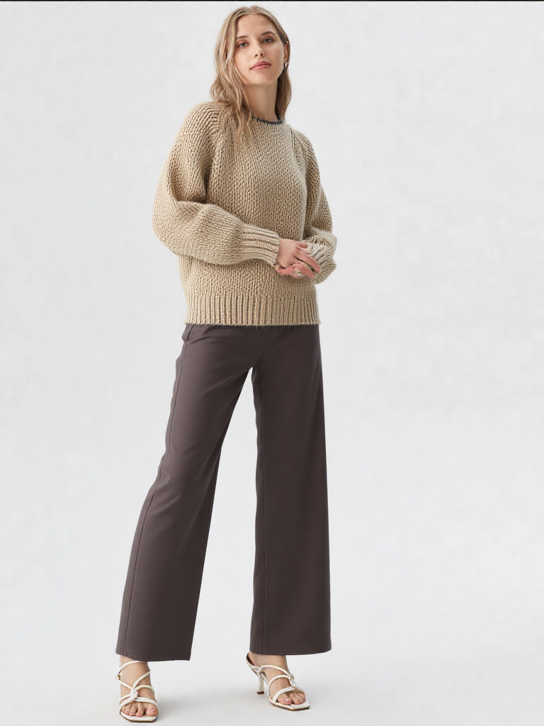 Chunky Strickpullover Damen mit Offenem Rückendetail – Beiger Grobstrick für Herbst und Winter, Entspannte Passform 1