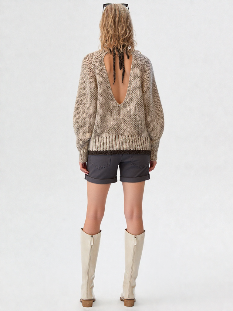 Chunky Strickpullover Damen mit Offenem Rückendetail – Beiger Grobstrick für Herbst und Winter, Entspannte Passform 2