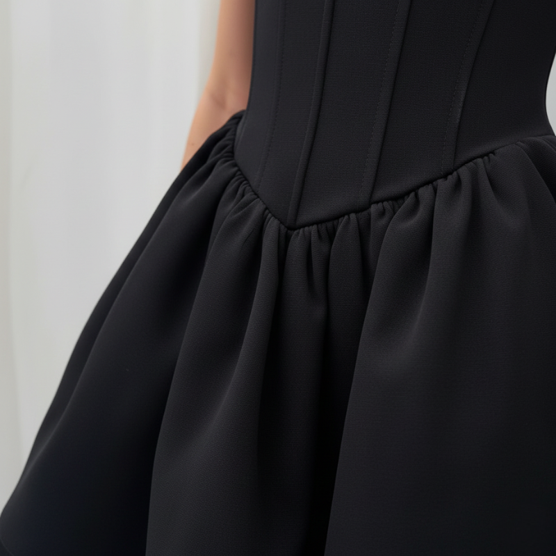 Nahaufnahme des schwarzen Kleids mit drapiertem Ballonrock, feiner Stoffstruktur und sauber gearbeiteten Nähten.