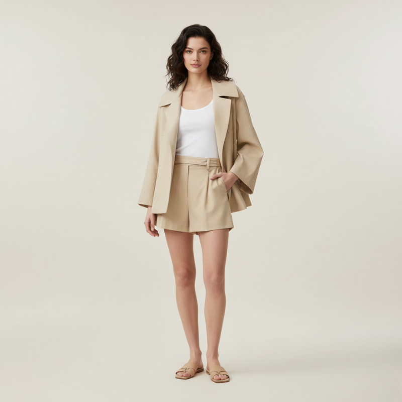 Frau trägt ein beigefarbenes Blazer- und Shorts-Set mit taillierter Passform und modernem, minimalistischem Stil.
