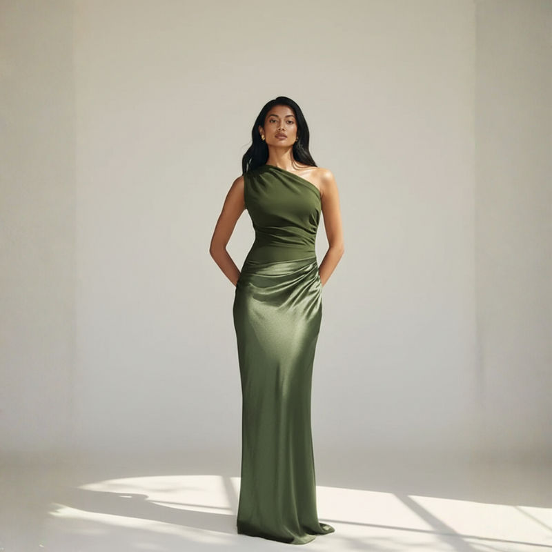 Model trägt ein olivgrünes One-Shoulder-Abendkleid mit drapiertem Stoff und figurbetonter Silhouette im hellen Studio.