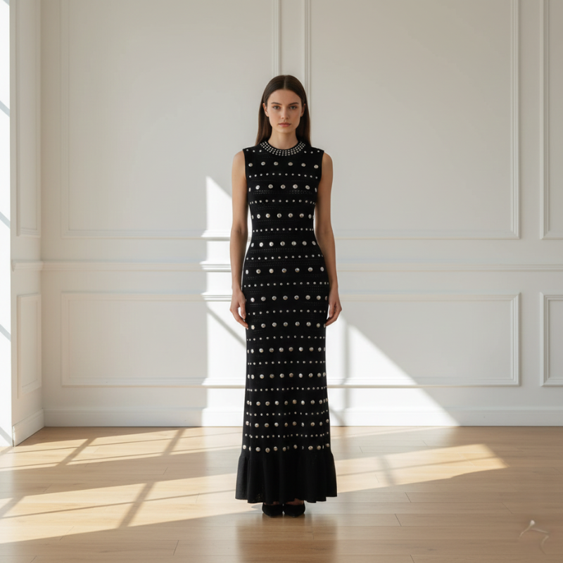 Model präsentiert ein schwarzes langes Kleid mit Perlenverzierung und elegantem Schnitt im minimalistischen Studio.