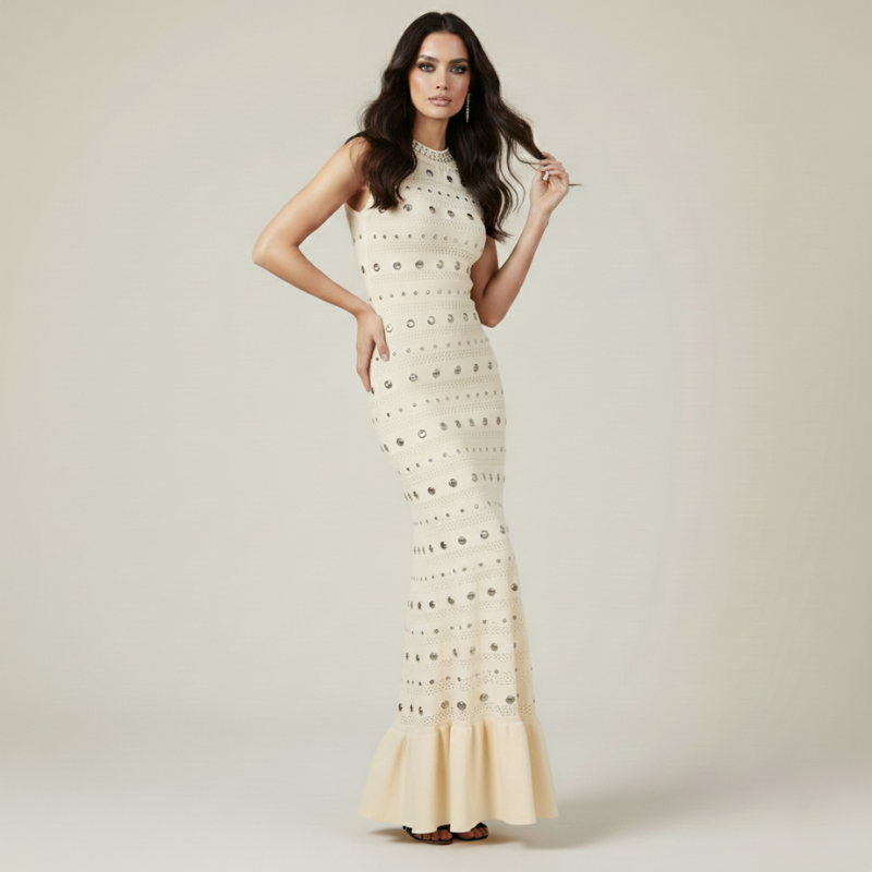 Model trägt ein weißes Abendkleid mit dekorativem Perlenmuster und ausgestelltem Saum im hellen Studio.