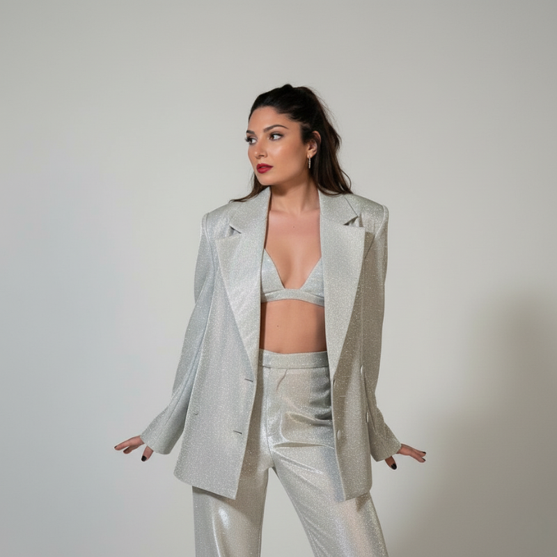 Frau trägt einen beigefarbenen Damenanzug mit offenem Blazer und Top in einer modernen Studioaufnahme.