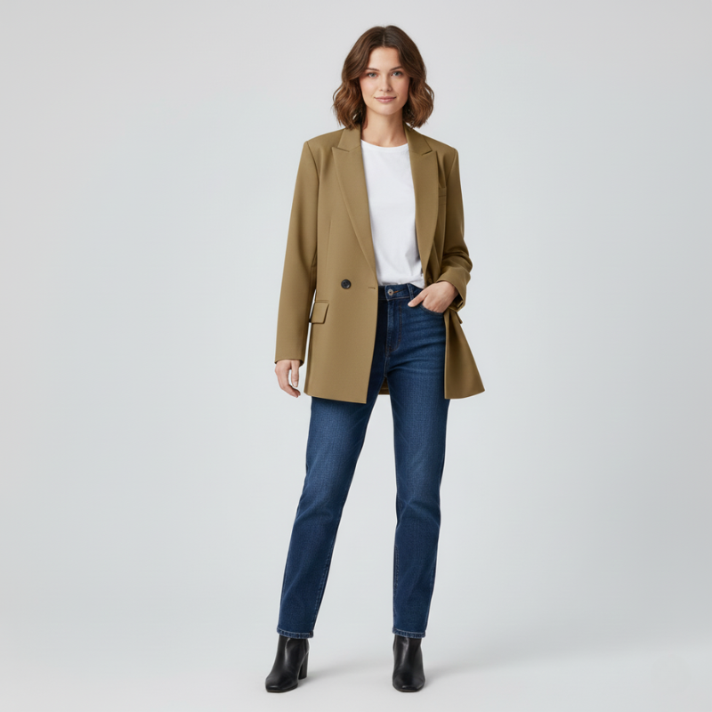 Beigefarbener Blazer mit glatter Oberfläche, klassischem Revers und schmaler Silhouette im Studio präsentiert.