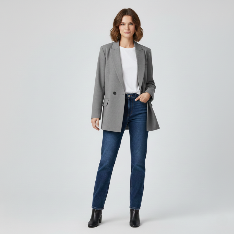 Grauer Blazer mit klarer Linienführung und strukturierter Oberfläche, getragen in einer hellen Innenraumszene.