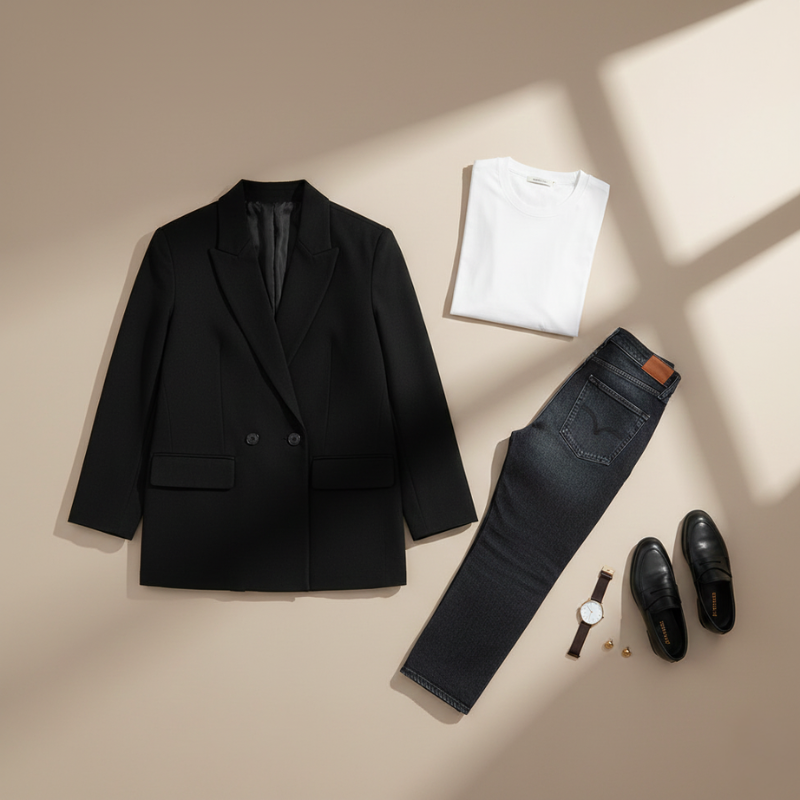 Schwarzer Blazer mit klassischem Revers und dezenter Struktur, flach ausgelegt neben Schuhen und Accessoires auf hellem Hintergrund.