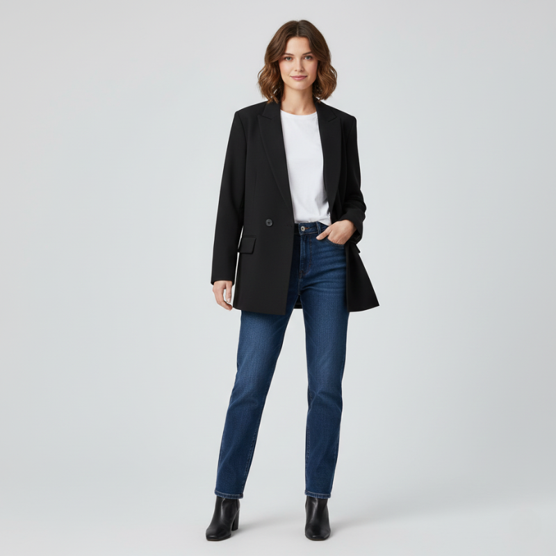 Schwarzer Blazer mit geradem Schnitt, klarer Linienführung und minimalistischer Optik im neutralen Studio.