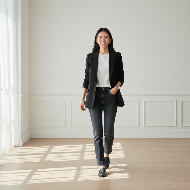 Model trägt einen schwarzen Blazer mit klassischem Schnitt, kombiniert mit grauem Top und Jeans in einem hellen Innenraum.