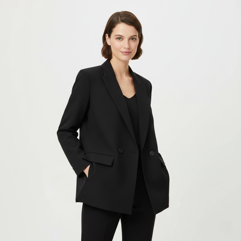 Model trägt einen schwarzen Blazer mit klassischem Revers und moderner Passform in einer minimalistischen Studioszene.