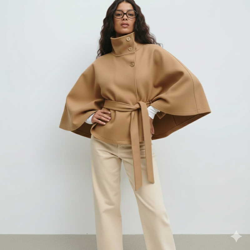 Ganzkörperansicht eines beigen Cape-Oberteils mit weiter Silhouette und Gürtel im Studio.