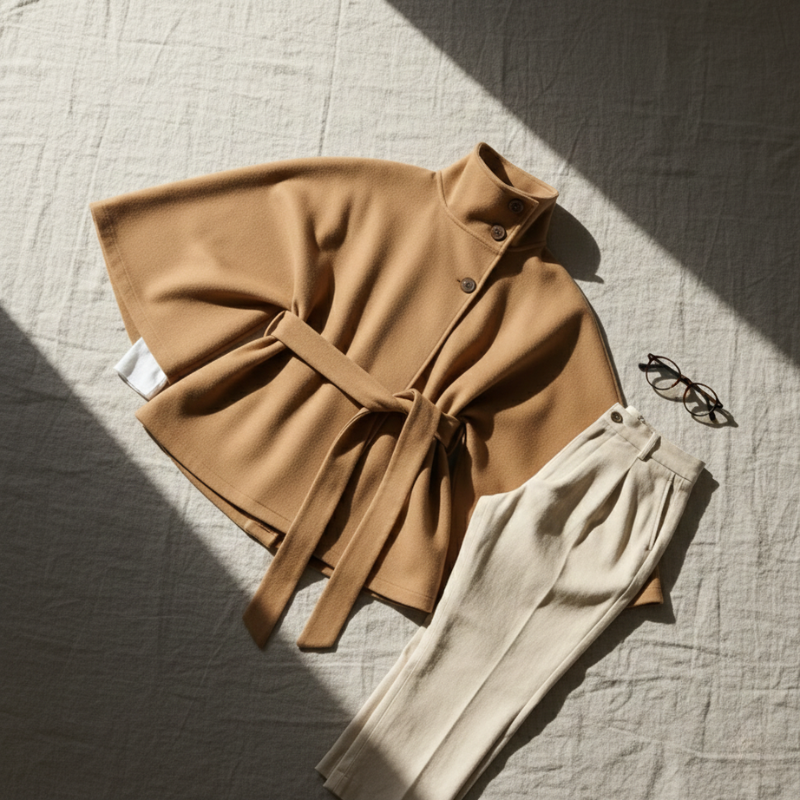 Beigefarbenes Cape-Oberteil mit Gürtel als Flatlay auf hellem Untergrund arrangiert.