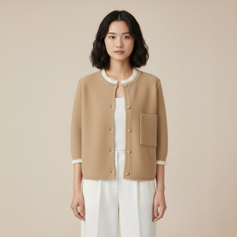 Beigefarbener Cardigan mit weißem Kontrastbesatz und goldenen Knöpfen, getragen von einem Model im Studio.