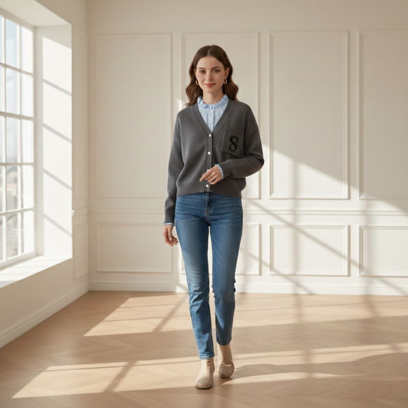 Model präsentiert eine graue Strickjacke mit Rundhalsausschnitt, Knopfleiste und dezenter Struktur in einer sonnigen Innenraumszene.