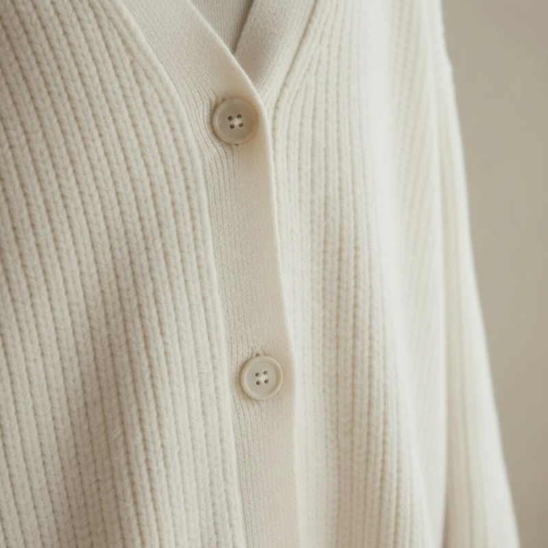 Model trägt einen grauen Strickcardigan mit V-Ausschnitt und weichem, strukturiertem Material in heller Innenraumszene.