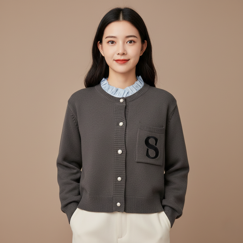 Model trägt einen grauen Cardigan mit Rundhalsausschnitt, Knopfleiste und gesticktem „S“-Detail vor neutralem Hintergrund.