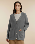 Model trägt einen grauen Strickcardigan mit V-Ausschnitt, Knopfleiste und lockerer Silhouette vor neutralem Hintergrund.