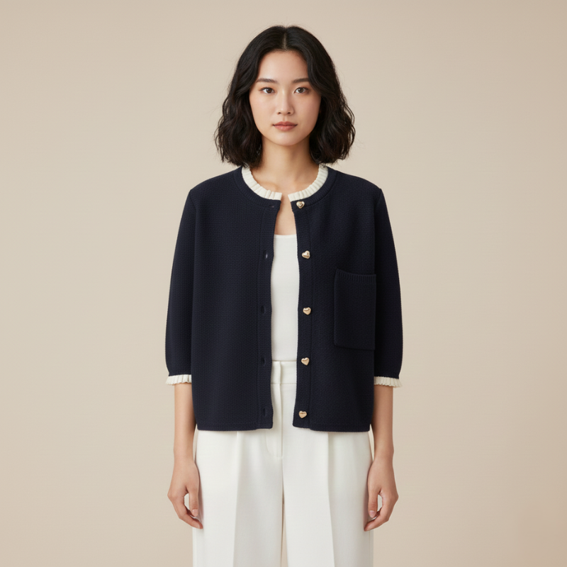 Model trägt einen navyblauen Cardigan mit kontrastierendem weißen Besatz, runden goldenen Knöpfen und klassischer Silhouette vor neutralem Hintergrund.