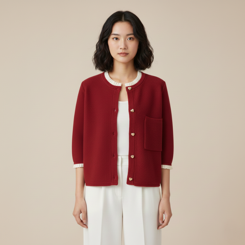 Model präsentiert einen roten Cardigan mit kontrastierendem Besatz und dekorativen goldenen Knöpfen vor hellem Hintergrund.