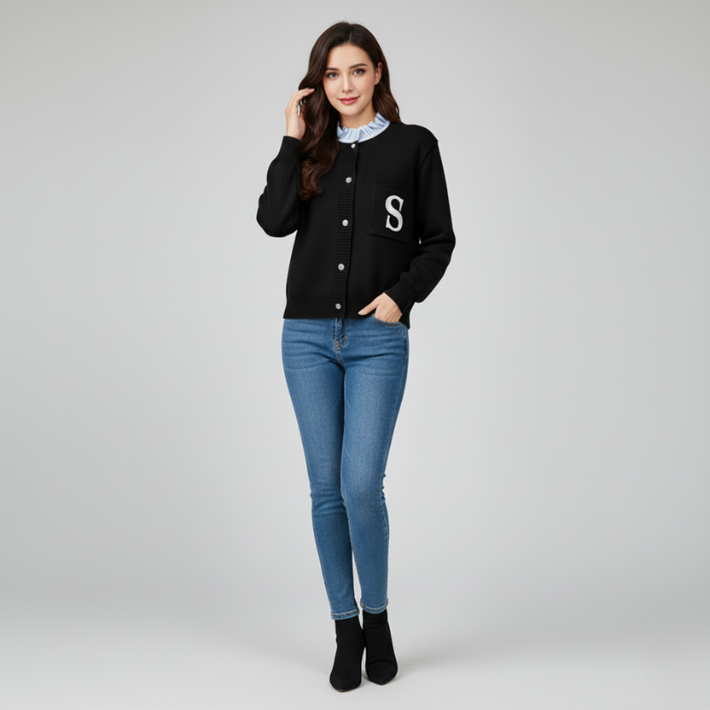 Schwarzer Cardigan mit Rundhalsausschnitt, dezenter Struktur und gesticktem Letter-Patch, getragen im Studio.