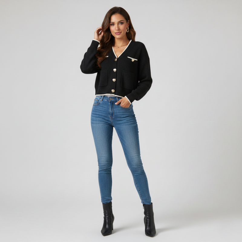 Model trägt einen schwarzen Cardigan mit weißem Kontrastbesatz und goldenen Knöpfen, kombiniert mit Jeans für einen modernen Look.