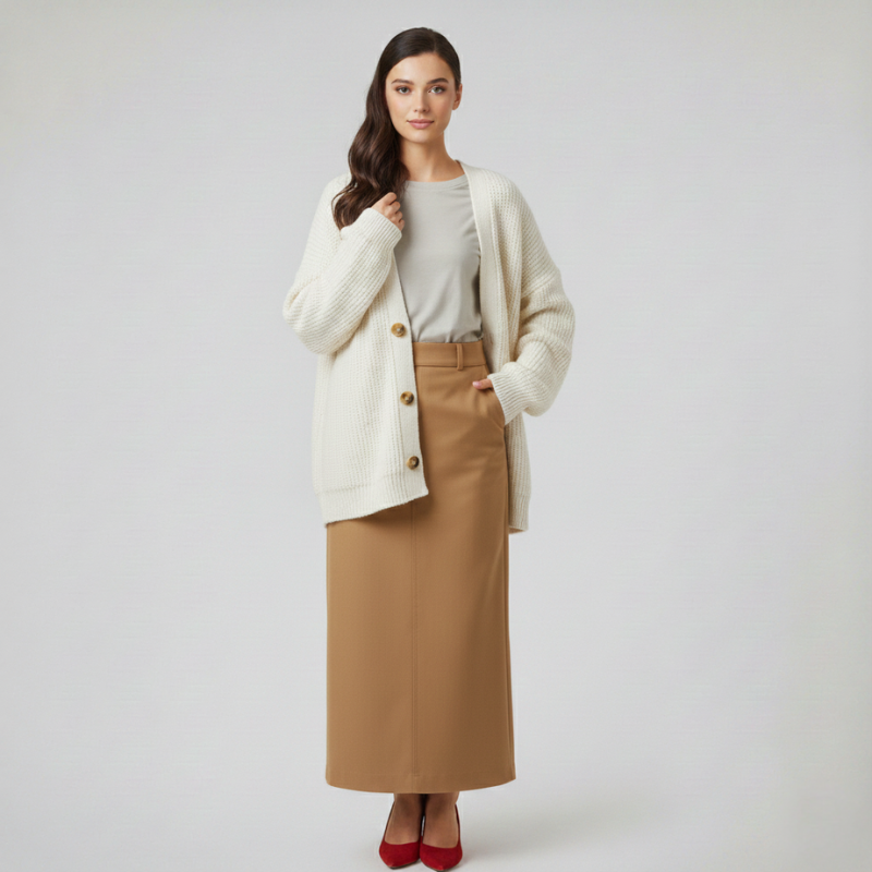 Weißer Strickcardigan mit V-Ausschnitt und Knopfleiste, kombiniert mit einem beigen Rock in heller Studioatmosphäre.