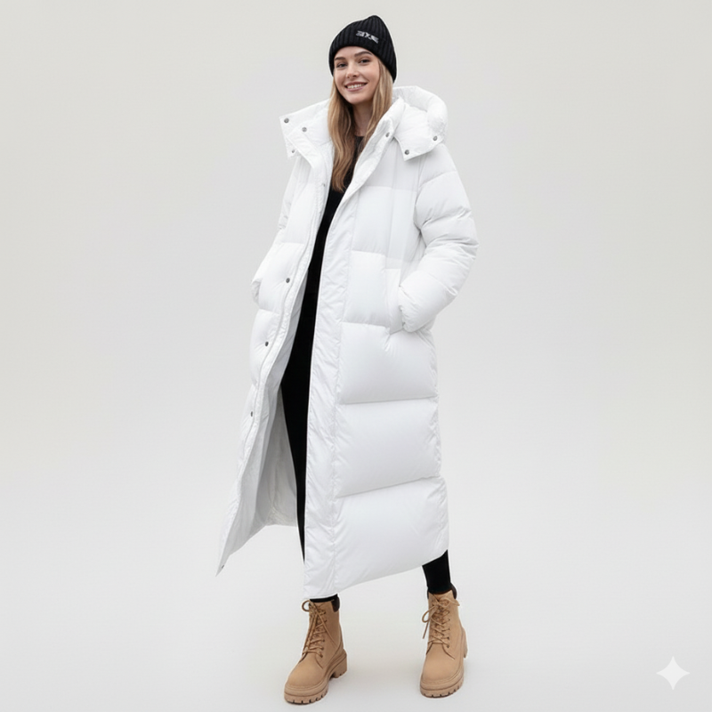 Model präsentiert einen weißen, lang geschnittenen Daunenmantel mit gepolsterter Struktur im Studio.