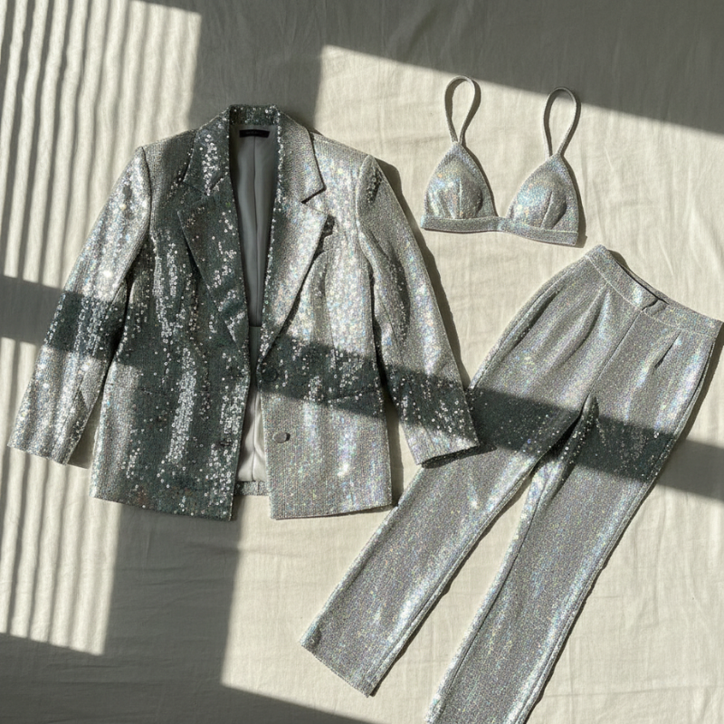 Beiger Glitzer-Hosenanzug mit passenden Accessoires als Flatlay auf hellem Untergrund arrangiert.