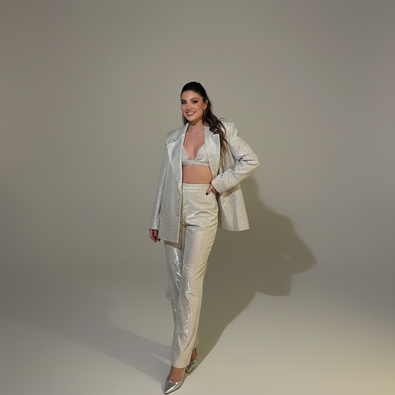 Model präsentiert einen beigefarbenen Glitzer-Hosenanzug in stilvoller Pose vor neutralem Hintergrund.