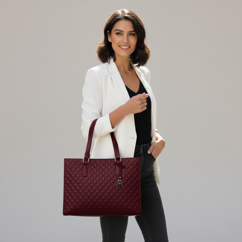 Bordeauxrote Damenhandtasche mit strukturierter Oberfläche, getragen zu einem eleganten Kleid im Studio.